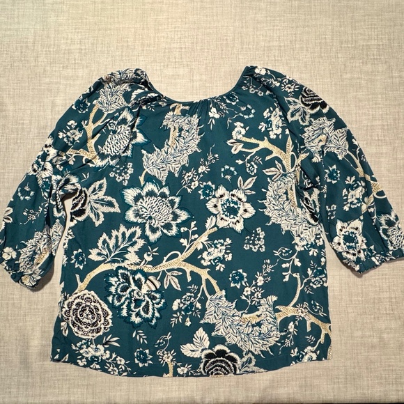 Teal Botanical Print Blouse w/Subtle Puff Sleeves – Relaxed Fit – Soft Drape - Picture 2 of 9